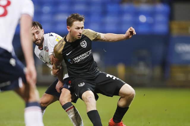 Denver Hume, pictured in a rare Pompey outing against Bolton in the Papa Johns Trophy in January, will be allowed to leave in a cut-price deal this summer. Picture: Paul Thompson/ProSportsImages