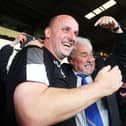 Paul Cook and Iain McInnes celebrate Pompey's promotion from League Two at Notts County in April 2017. Picture: Joe Pepler