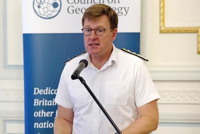 Pictured: The First Sea Lord, Admiral Sir Ben Key,  addresses the Council on Geostrategy at The Naval and Military Club in London.