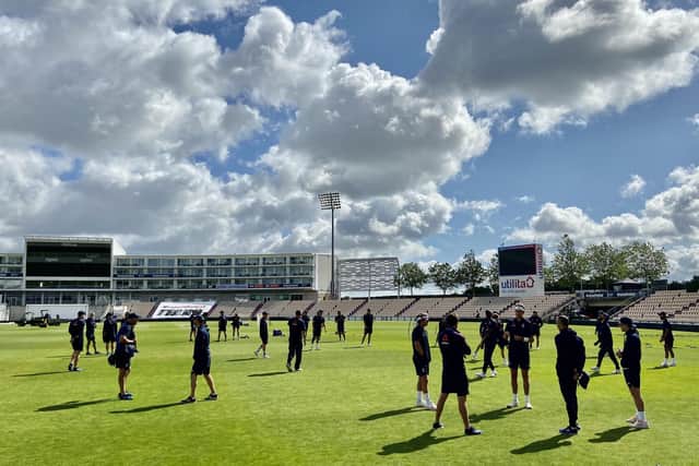 Englnd players warms up before a behind closed training doors session at The Ageas Bowl. Picture: ECB via Getty Images