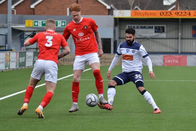 Hawks right back Aryn Williams, right, in action against Ebbsfleet's former Westleigh Park loanee Will Wood. Pic: Daniel Haswell/SPP.
