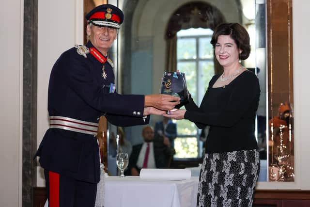 Pam Hamilton, MD of Paraffin, accepts The Queen's Award for Enterprise from Nigel Atkinson ESQ HM Lord-Lieutenant of Hampshire. Photos by Alex Shute.