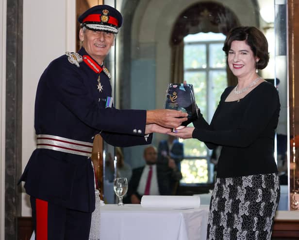 Pam Hamilton, MD of Paraffin, accepts The Queen's Award for Enterprise from Nigel Atkinson ESQ HM Lord-Lieutenant of Hampshire. Photos by Alex Shute.