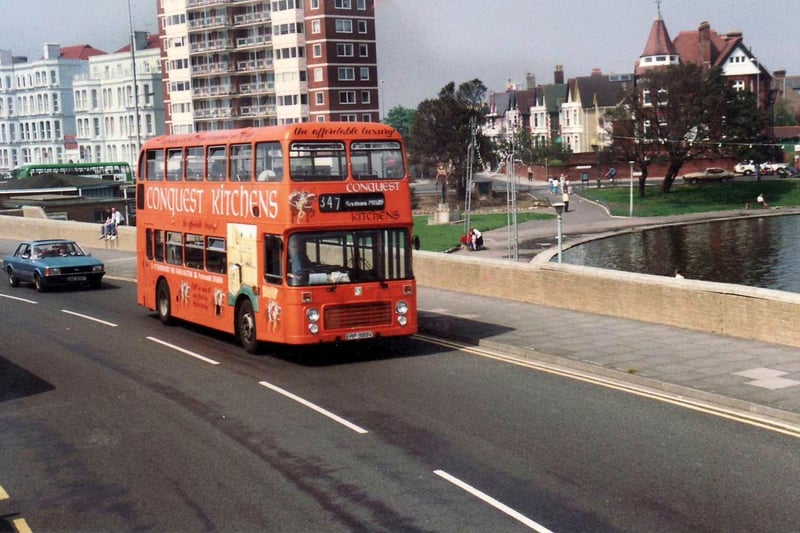 Bus passing Canoe Lake in 1986