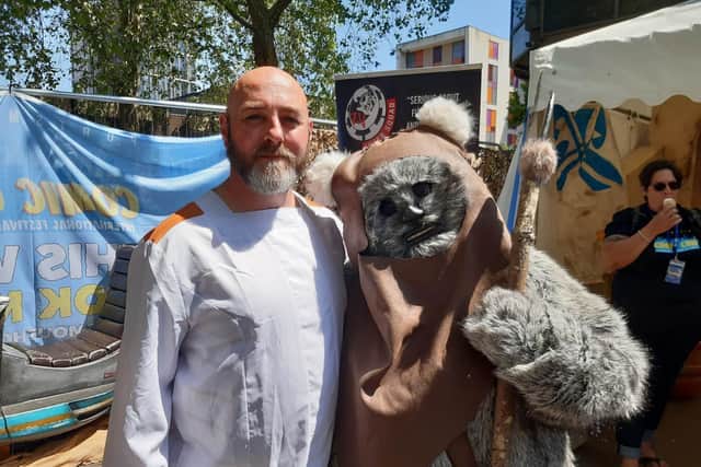 Comic Con 2023 - The Joker Squad created the Star Wars experience at Portsmouth's Comic Con and Jason and Petria have been walking around the venue as characters from the film series. 
Pictured: Jason Roe (left) and Petria Roe dressed as a Wookie (right)