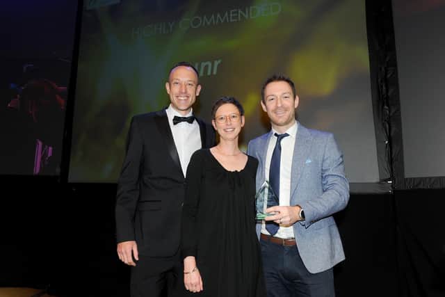 The News, Portsmouth Business Excellence Awards 2020, took place at the Portsmouth Guildhall on Friday, February 21.Pictured is: (middle) Martina Battisti, professor of Innovation Management and Entrepreneurship from our sponsor University of Portsmouth, with Runr who were highly commended for the Small Business of the Year Award.Picture: Sarah Standing (210220-8394)