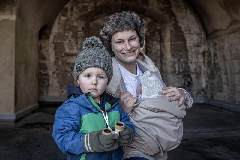 HMS Prince of Wales deployed from Portsmouth naval base on Monday 12th February 2024. Pictured: Monika Holton with her children at the Round Tower, Old Portsmouth. Picture: Habibur Rahman