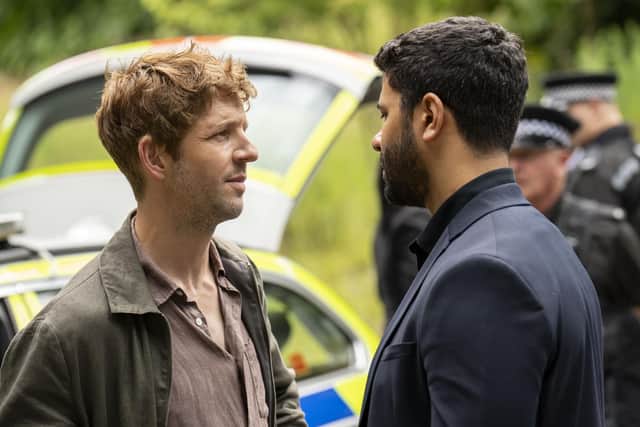 Jim Bergerac (Damien Molony) confronts Barney Crozier (Robert Gilbert) in the U&Drama reboot of the classic 80s police drama Bergerac (Picture: UKTV/Colin Hutton)