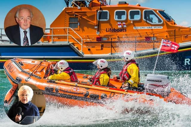 Portsmouth D-class inshore lifeboat Brian's Pride D-716 providing cover during the America's Cup in Portsmouth, and inset Brian Bass and his wife Marilyn