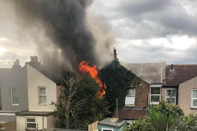 Flames coming from a property in Nelson Avenue, North End, after an explosion. Picture: Paige Emery