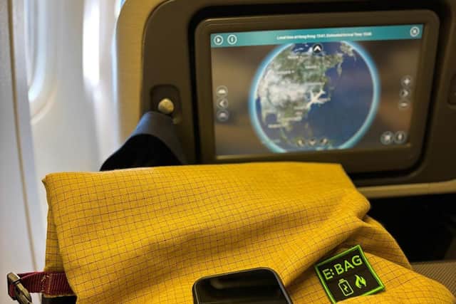 GOING GLOBAL: An E:BAG, which is used to deal with lithium-ion battery fires in such devices as phones and laptops. The version for aviation is bespoke for deployment by cabin crew to deal with emergencies involving smoking or burning devices