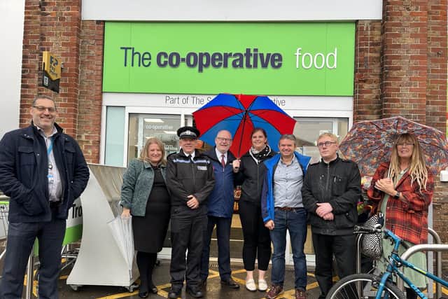 Left to right: Tony Scott from Southern Co-op, PCC Donna Jones, Marcus Cator, Gareth Lewis from Southern Co-op, Lauren Taylor from Portsmouth City Council, Mike Taylor from SSJ, councillor Jason Fazackarley, Elizabeth Tooes from SSJ