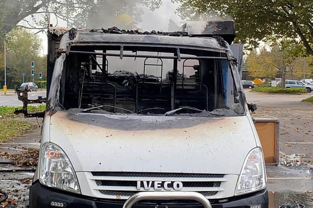 The remains of the van at King George V Playing Fields in Cosham following a fire. Photo: Tom Cotterill