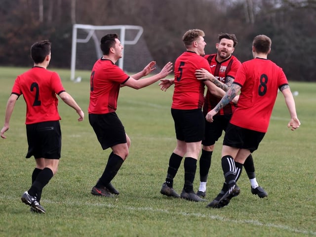 Horndean United celebrate a goal. Picture: Sam Stephenson.