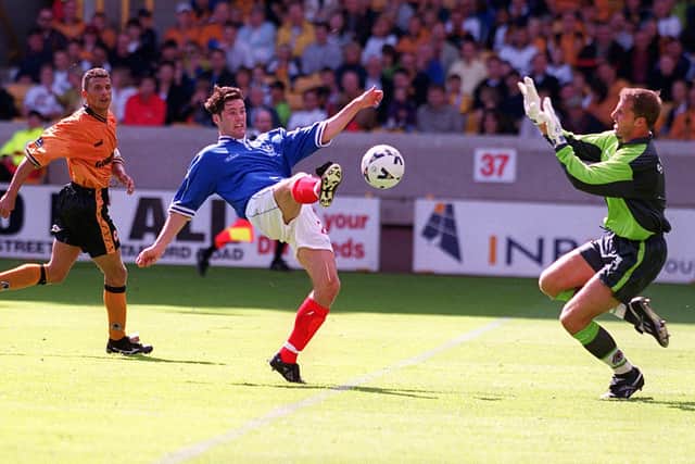 Rory Allen seen scoring his first  Pompey goal - a 1-1 draw at Wolves in August 1999 - on his second appearance