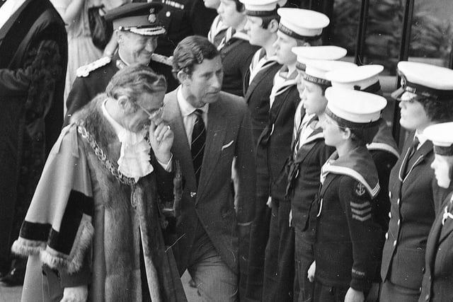 Prince Charles inspects a guard of honour of cadets on his way into Sunderland Leisure Centre in May 1978.