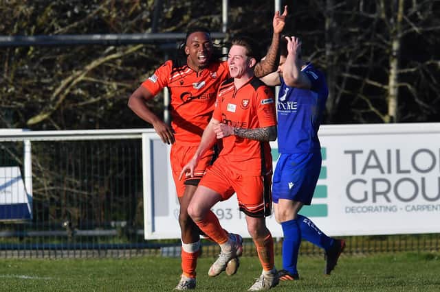 AFC Portchester's Marley Ridge celebrates one of his two goals in the win over Baffins Milton Rovers Picture: Keith Woodland (260221-751)