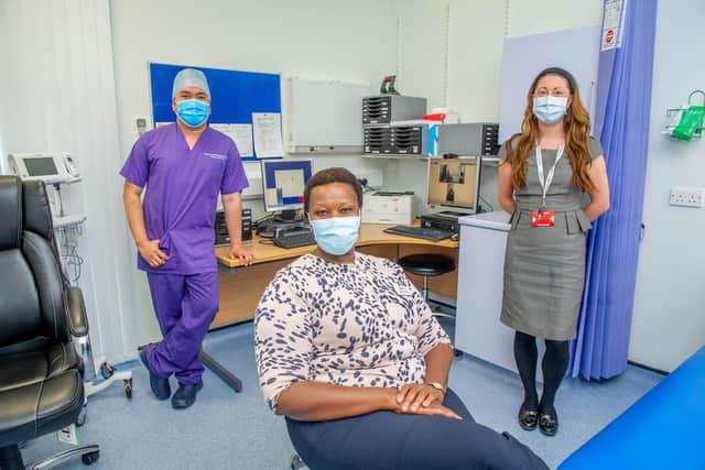 St Mary s NHS Treatment Centre has invested in new telemedicine equipment and training in order to protect patients from potential exposure to the coronavirus.

Pictured:  Head of nursing-Alberto Anajo, Sizwie Turner-Out patients manager and Louise Quirk, Patience Service Manager at St Marys Treatment Centre, Portsmouth.  
Picture: Habibur Rahman