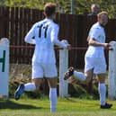 Andy Todd, right, is all smiles after putting US Portsmouth 2-0 up at Tavistock last weekend - his fourth FA Vase goal of the season. Picture: Martyn White.