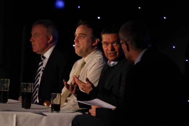 The News' editor Mark Waldron speaks to Pompey chief executive Mark Catlin, The News chief sports writer Neil Allen and Pompey manager Kenny Jackett. Picture: Habibur Rahman