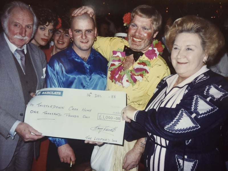 Northcote Pub in Southsea collects.
Pictured is: (right) Mollie Sugden with husband (left) William Moore and (second left) Kev Bacon who had terminal cancer in December 1988 for a charity head shave evening at The Leopard Inn.