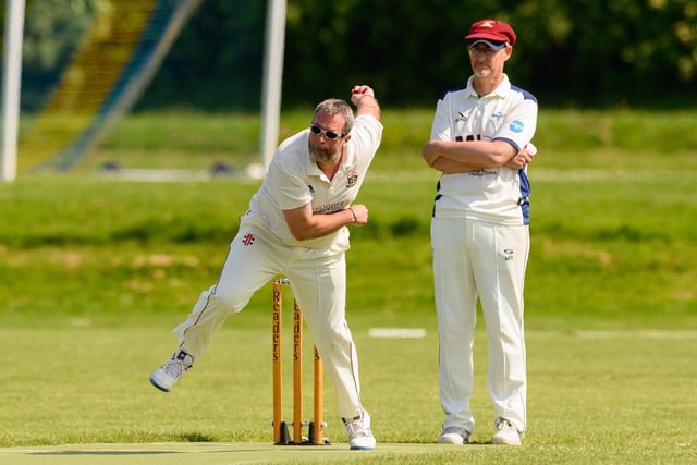 Simon Gough bowling for Fareham & Crofton 3rds against Portsmouth Community. Picture: Keith Woodland (270521-181)