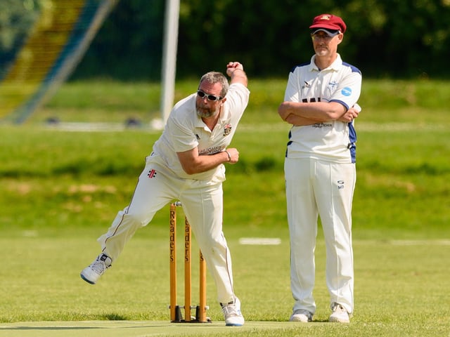Simon Gough bowling for Fareham & Crofton 3rds against Portsmouth Community. Picture: Keith Woodland (270521-181)