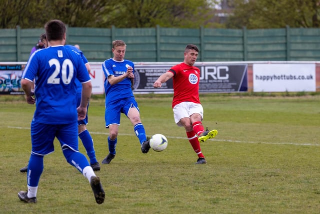 Action from Gosport Town's 4-0 victory over Lee Rangers (blue kit) in the Portsmouth & District FA Trophy final at Cams Alders. Picture: Alex Shute