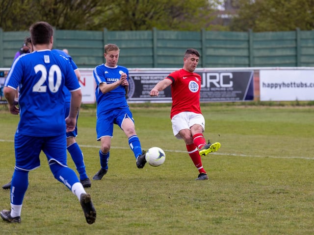 Action from Gosport Town's 4-0 victory over Lee Rangers (blue kit) in the Portsmouth & District FA Trophy final at Cams Alders. Picture: Alex Shute
