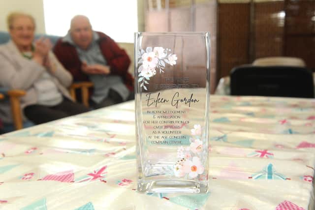 The vase that was presented to Eileen Gordon. Picture: Sarah Standing (280422-2822)