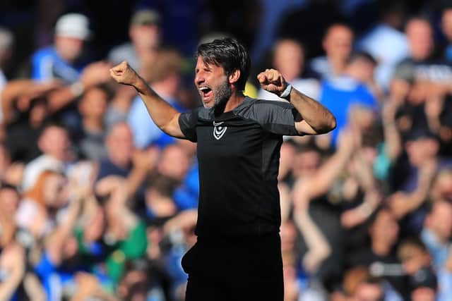 Pompey boss Danny Cowley celebrates the Blues' win over Bristol Rovers