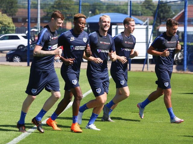 Dion Dohonue; Jamal Lowe; Jack Whatmough; Adam May and Gareth Evans are back in for Pompey pre-season training in June 2018. Picture : Habibur Rahman