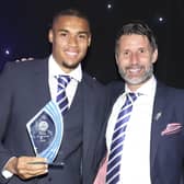 Gavin Bazunu, left, and Pompey boss Danny Cowley