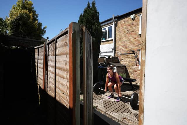Rebecca Muzerie training at home during the first national lockdown in May 2020. Photo by Naomi Baker/Getty Images.
