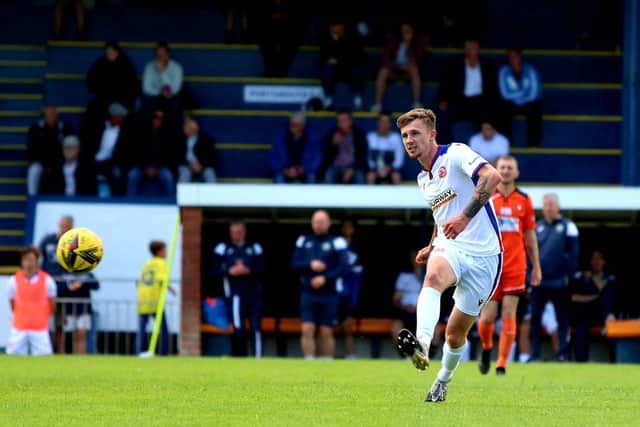 Owen Roundell, pictured playing for Gosport against Portchester in a pre season friendly, serves the second of a three-game suspension against AFC Stoneham this weekend. Picture: Tom Phillips