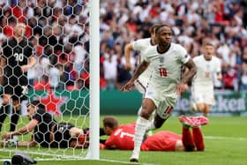 Raheem Sterling of England celebrates after scoring their side's first goal during the UEFA Euro 2020 Championship Round of 16 match between England and Germany at Wembley Stadium. Photo by Catherine Ivill/Getty Images)
