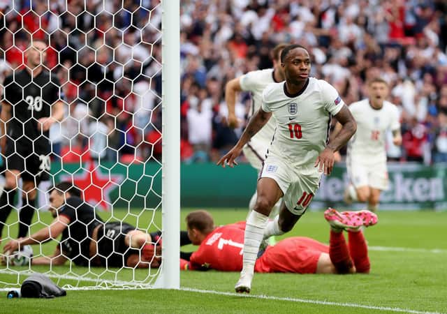 Raheem Sterling of England celebrates after scoring their side's first goal during the UEFA Euro 2020 Championship Round of 16 match between England and Germany at Wembley Stadium. Photo by Catherine Ivill/Getty Images)