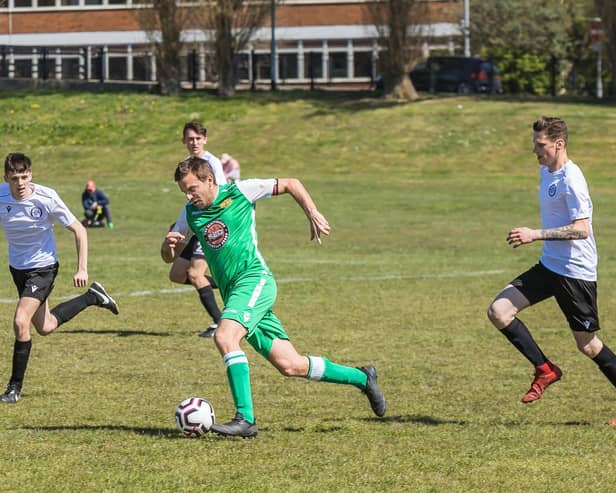 George Barton, right, scored for East Lodge as they ended their debut Mid-Solent League campaign with a 3-1 victory over Rowner Rovers. Pic: Mike Cooter