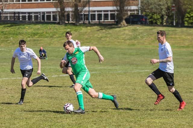 George Barton, right, scored for East Lodge as they ended their debut Mid-Solent League campaign with a 3-1 victory over Rowner Rovers. Pic: Mike Cooter