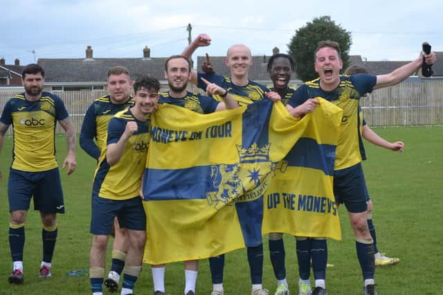 Moneyfields celebrate winning the Wessex League title with a 4-2 success at Laverstock & Ford. Picture by Charlotte Jeffes