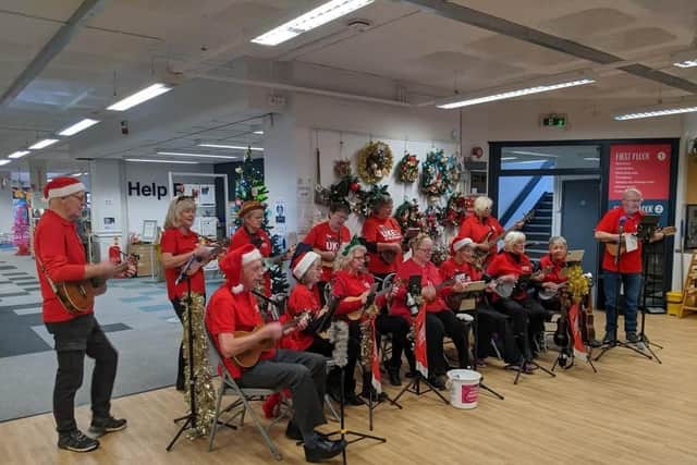 The Ukes of Wallington performing at Fareham Shopping Centre.