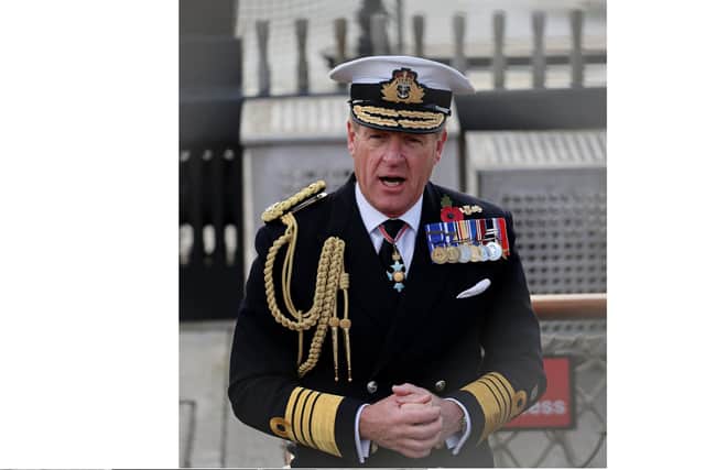 Admiral Sir Ben Key, the First Sea Lord of the Royal Navy, pictured during the ceremony on HMS Victory to formally accept his new leadership post