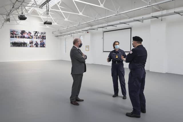 Iain Greenlees, infrastructure superintendent at HMNB Portsmouth, commander maritime reserves, Commodore Mel Robinson and commander of HMNB Portsmouth, Commodore JJ Bailey. Picture: RN