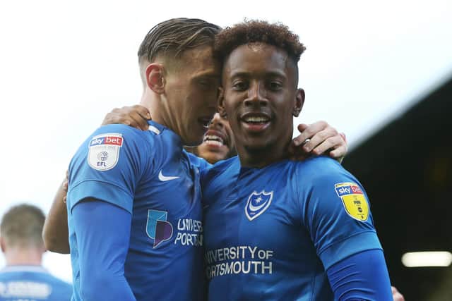 Jamal Lowe, right, with Ronan Curtis. Picture: Joe Pepler