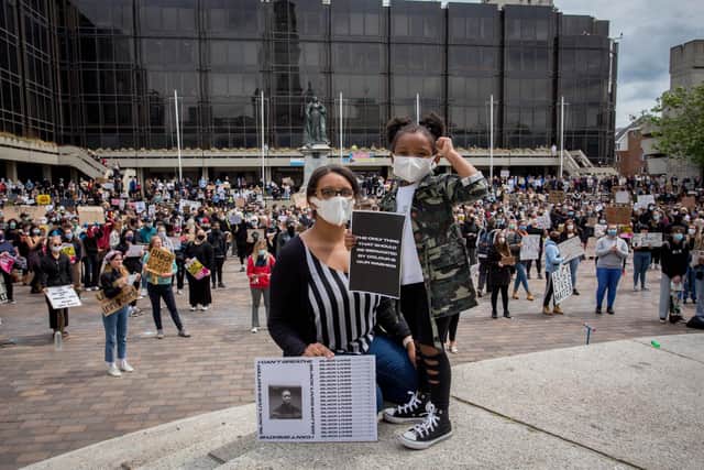 Hundreds of demonstrators turned up at Portsmouth Guildhall for Black Lives Matter on Thursday 4 June 2020. Pictured: Alex Ruddock and her daughter, Nala-Paris 4.