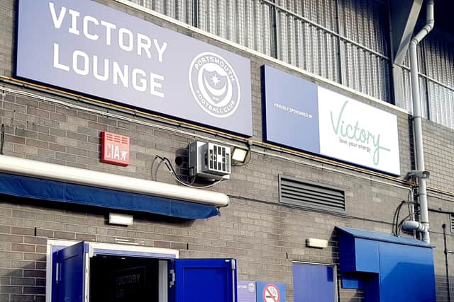 Defunct council-owned company Victory Energy sponsored Portsmouth Football Club in March 2018 in a three-year deal. A sign shown the now-closed public firm at Victory Lounge, Fratton Park, in Portsmouth. Picture: Habibur Rahman