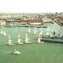 Flashback - HMS Glasgow leading the Clipper Round The World Yacht fleet at the start  of the 2000 race off  Portsmouth. Picture by Peter Bentley