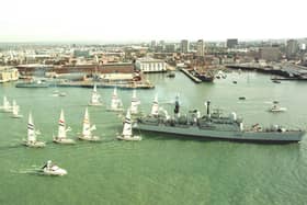 Flashback - HMS Glasgow leading the Clipper Round The World Yacht fleet at the start  of the 2000 race off  Portsmouth. Picture by Peter Bentley