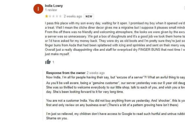 One of the responses to a Google review of Sticky Boy Donuts in Southsea