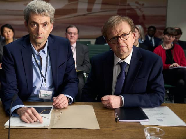 Nick Davies (David Tennant) and Alan Rusbridger (Toby Jones) face a committee of MPs in the new ITV phone-hacking drama The Hack (Picture: ITV STUDIOS)